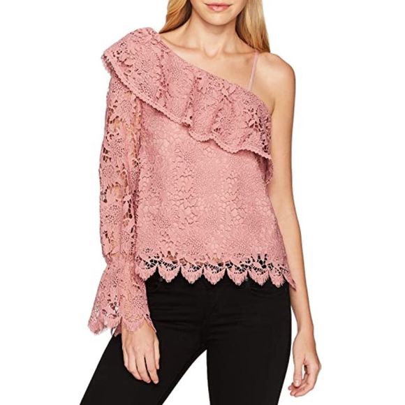 J.O.A. Pink Lace Statement One Sleeve Blouse NWT Size L - Picture 1 of 8
